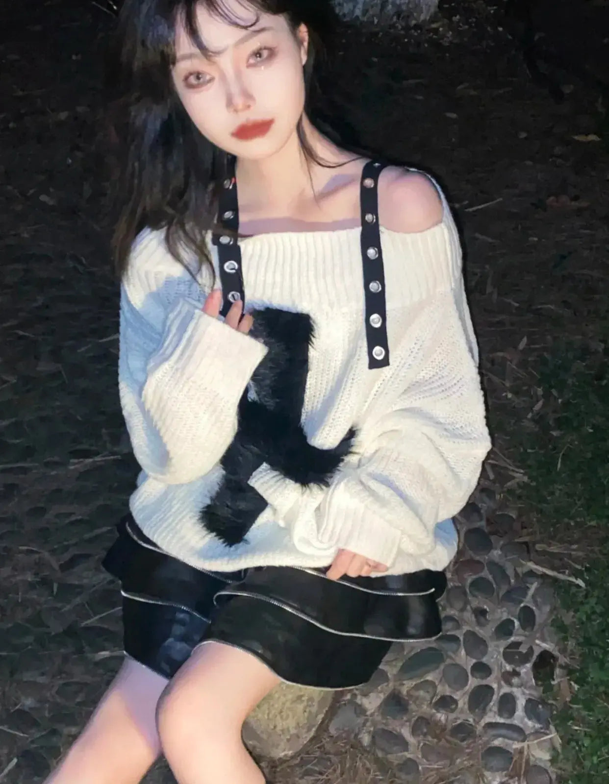 Karrram Harajuku Punk Knitwear Women Off Shoulder Belted Thin Sweater Cross Fur Patch 2022 Autumn Loose Gothic Y2k Pullover SS69