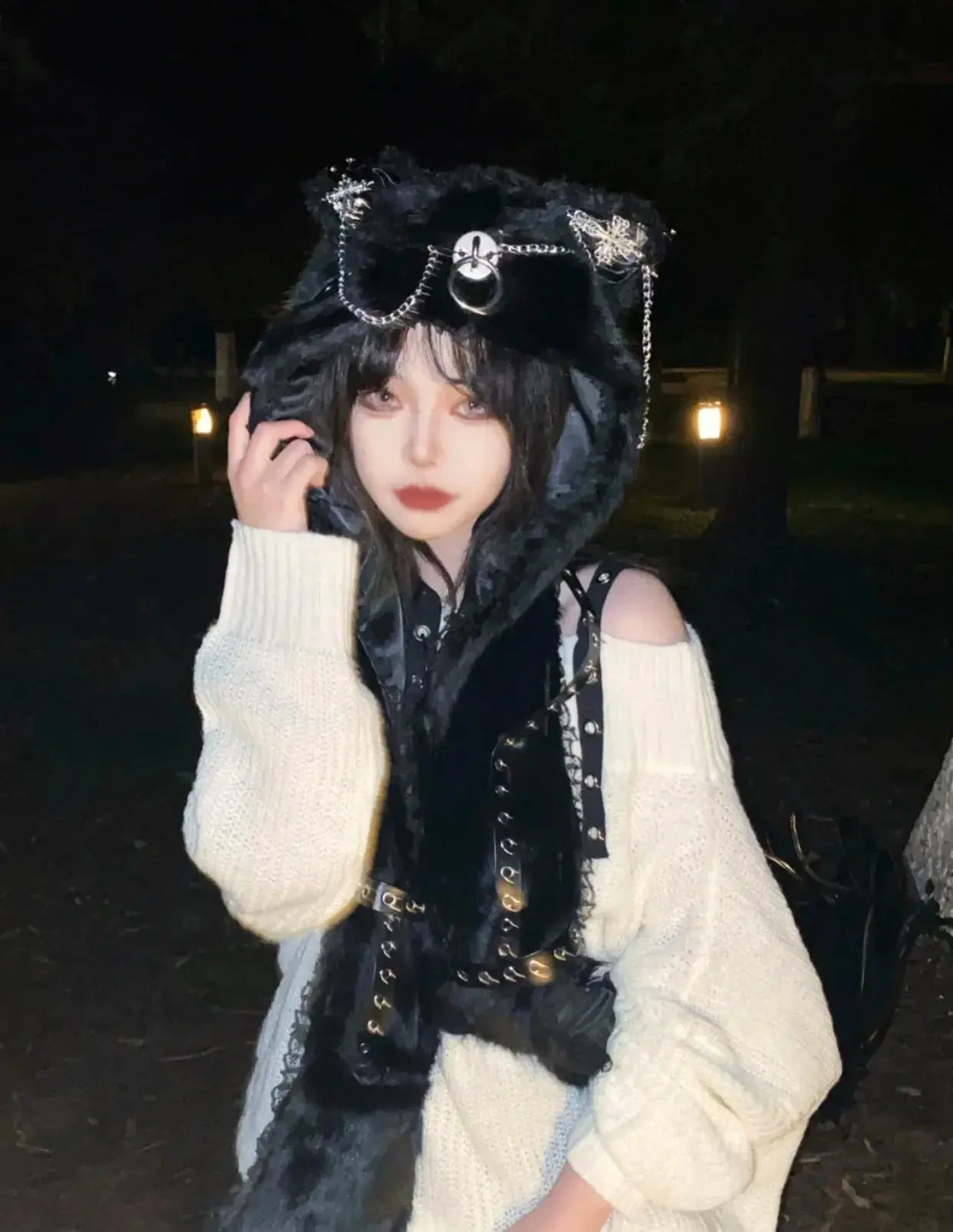 Karrram Harajuku Punk Knitwear Women Off Shoulder Belted Thin Sweater Cross Fur Patch 2022 Autumn Loose Gothic Y2k Pullover SS69