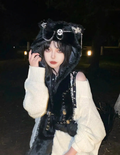 Karrram Harajuku Punk Knitwear Women Off Shoulder Belted Thin Sweater Cross Fur Patch 2022 Autumn Loose Gothic Y2k Pullover SS69