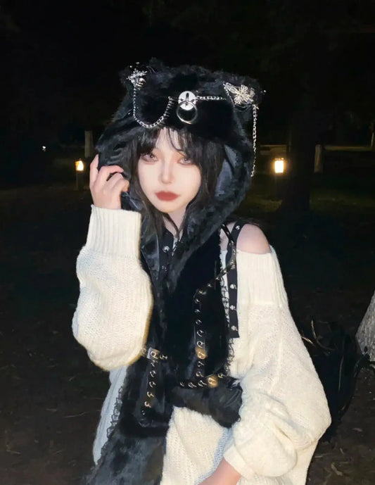 Karrram Harajuku Punk Knitwear Women Off Shoulder Belted Thin Sweater Cross Fur Patch 2022 Autumn Loose Gothic Y2k Pullover SS69