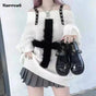 Karrram Harajuku Punk Knitwear Women Off Shoulder Belted Thin Sweater Cross Fur Patch 2022 Autumn Loose Gothic Y2k Pullover SS69