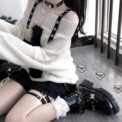 Karrram Harajuku Punk Knitwear Women Off Shoulder Belted Thin Sweater Cross Fur Patch 2022 Autumn Loose Gothic Y2k Pullover SS69