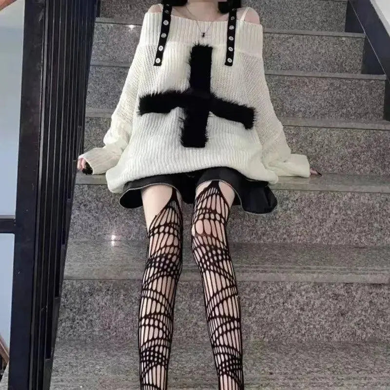 Karrram Harajuku Punk Knitwear Women Off Shoulder Belted Thin Sweater Cross Fur Patch 2022 Autumn Loose Gothic Y2k Pullover SS69