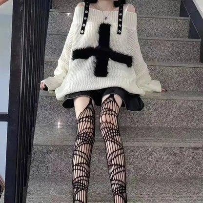 Karrram Harajuku Punk Knitwear Women Off Shoulder Belted Thin Sweater Cross Fur Patch 2022 Autumn Loose Gothic Y2k Pullover SS69