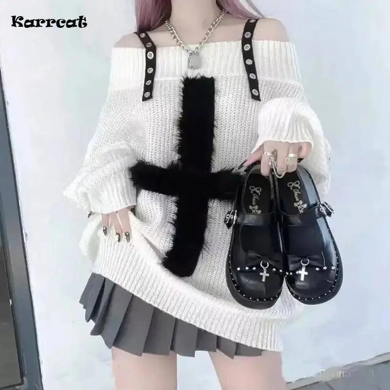 Karrram Harajuku Punk Knitwear Women Off Shoulder Belted Thin Sweater Cross Fur Patch 2022 Autumn Loose Gothic Y2k Pullover SS69