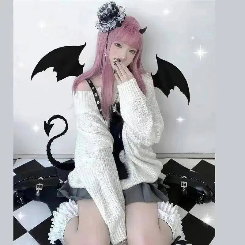 Karrram Harajuku Punk Knitwear Women Off Shoulder Belted Thin Sweater Cross Fur Patch 2022 Autumn Loose Gothic Y2k Pullover SS69