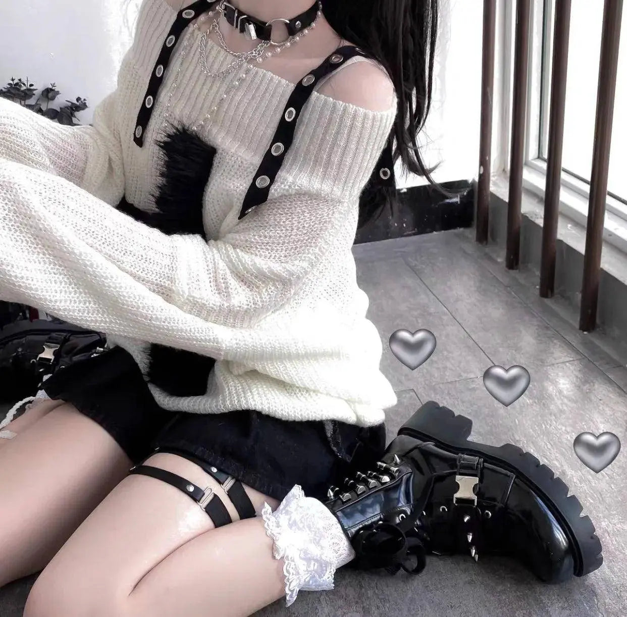 Karrram Harajuku Punk Knitwear Women Off Shoulder Belted Thin Sweater Cross Fur Patch 2022 Autumn Loose Gothic Y2k Pullover SS69
