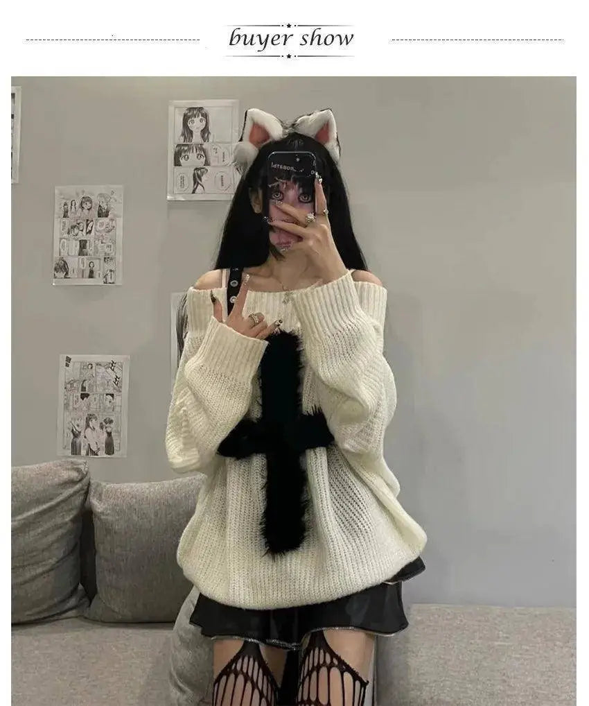 Karrram Harajuku Punk Knitwear Women Off Shoulder Belted Thin Sweater Cross Fur Patch 2022 Autumn Loose Gothic Y2k Pullover SS69