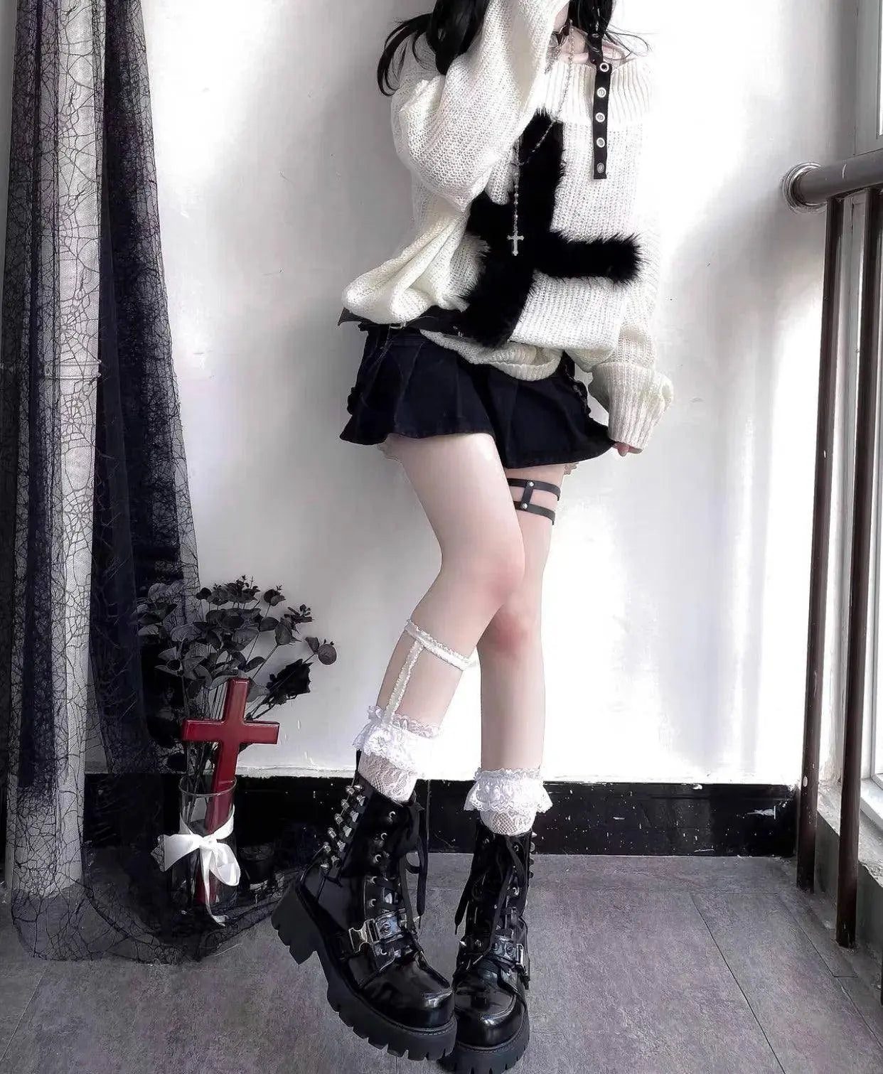 Karrram Harajuku Punk Knitwear Women Off Shoulder Belted Thin Sweater Cross Fur Patch 2022 Autumn Loose Gothic Y2k Pullover SS69