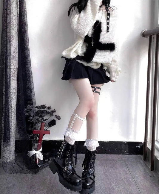 Karrram Harajuku Punk Knitwear Women Off Shoulder Belted Thin Sweater Cross Fur Patch 2022 Autumn Loose Gothic Y2k Pullover SS69