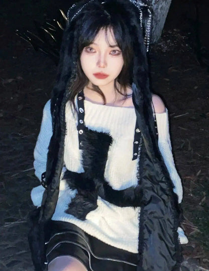 Karrram Harajuku Punk Knitwear Women Off Shoulder Belted Thin Sweater Cross Fur Patch 2022 Autumn Loose Gothic Y2k Pullover SS69
