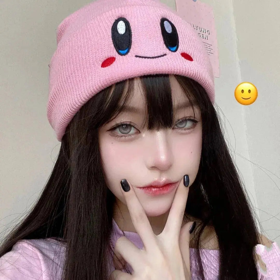 Kawaii Kirby Knitted Hat Anime Cartoon Unisex Smiley Eyes Embroidery Winter Hat Knit Bonnet Fashion Boy Girl Gift Toys - SS69