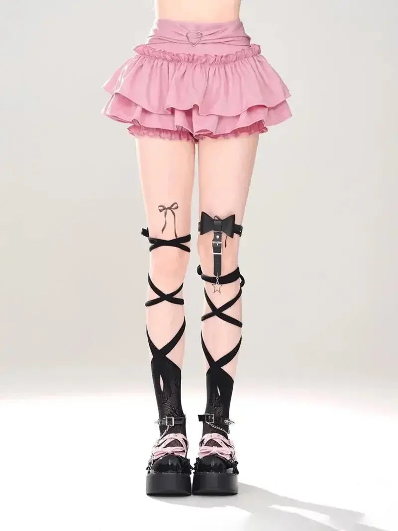 Kawaii Mini Skirt Black Pink Women's Skirt Fairycore Lolita Ruffle Pleated Skirt Cute Miniskirt Y2k Clothes Safety Short 2025 - SS69