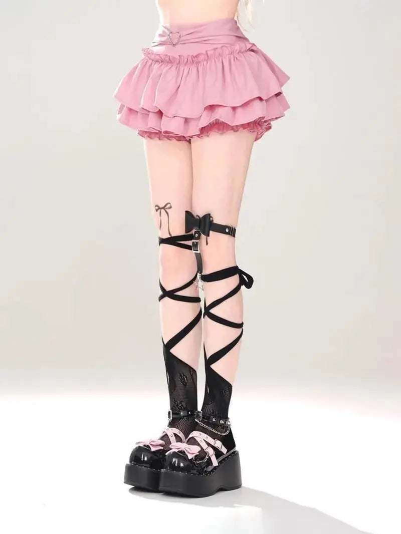 Kawaii Mini Skirt Black Pink Women's Skirt Fairycore Lolita Ruffle Pleated Skirt Cute Miniskirt Y2k Clothes Safety Short 2025 - SS69