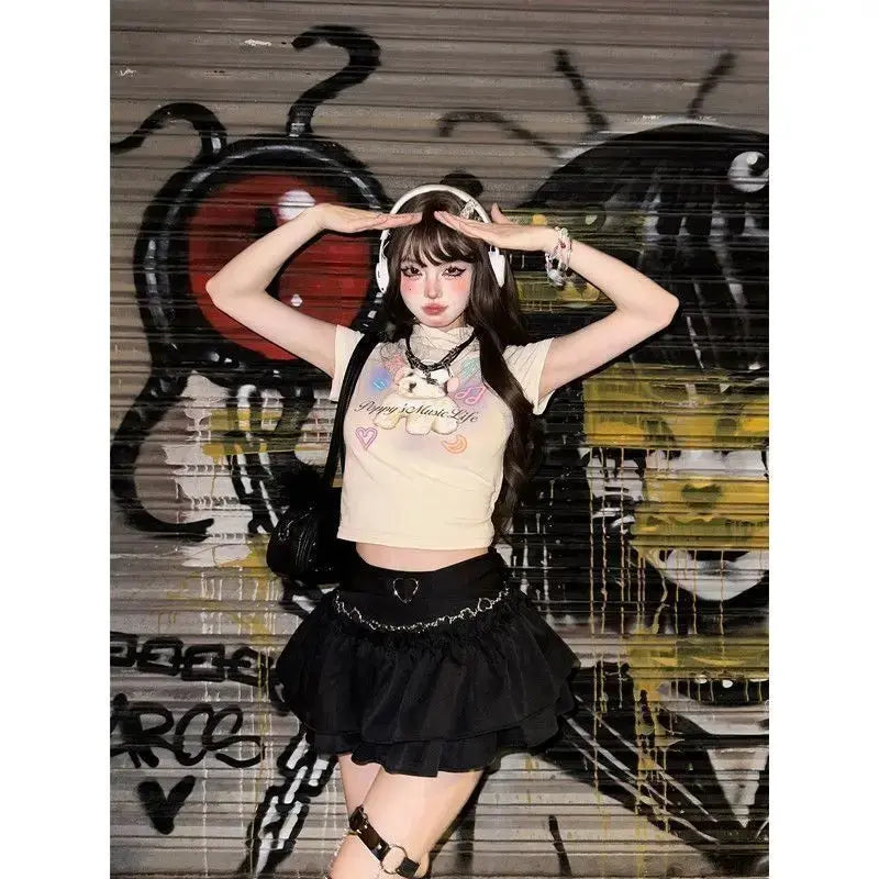 Kawaii Mini Skirt Black Pink Women's Skirt Fairycore Lolita Ruffle Pleated Skirt Cute Miniskirt Y2k Clothes Safety Short 2025 - SS69