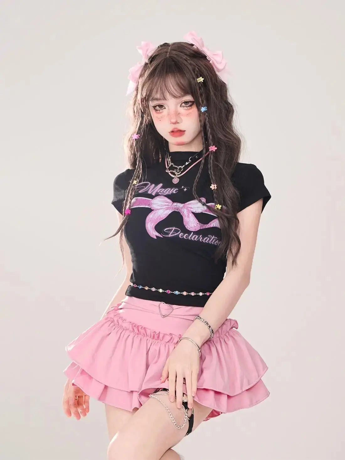Kawaii Mini Skirt Black Pink Women's Skirt Fairycore Lolita Ruffle Pleated Skirt Cute Miniskirt Y2k Clothes Safety Short 2025 - SS69