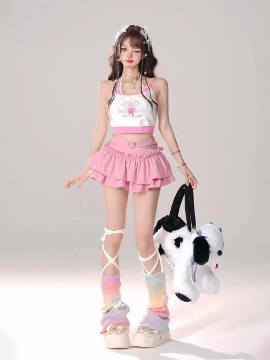 Kawaii Mini Skirt Black Pink Women's Skirt Fairycore Lolita Ruffle Pleated Skirt Cute Miniskirt Y2k Clothes Safety Short 2025 - SS69