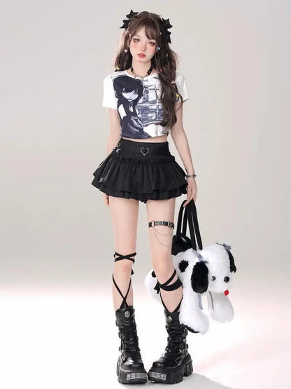 Kawaii Mini Skirt Black Pink Women's Skirt Fairycore Lolita Ruffle Pleated Skirt Cute Miniskirt Y2k Clothes Safety Short 2025 - SS69