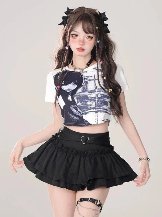 Kawaii Mini Skirt Black Pink Women's Skirt Fairycore Lolita Ruffle Pleated Skirt Cute Miniskirt Y2k Clothes Safety Short 2025 - SS69