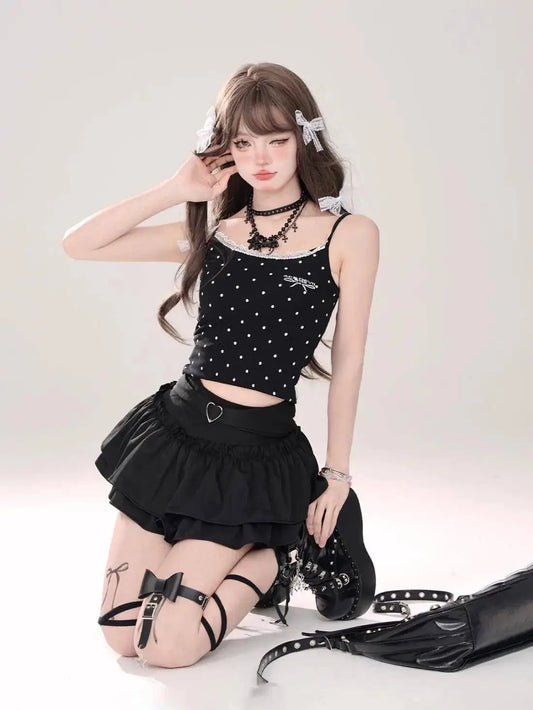 Kawaii Mini Skirt Black Pink Women's Skirt Fairycore Lolita Ruffle Pleated Skirt Cute Miniskirt Y2k Clothes Safety Short 2025 - SS69