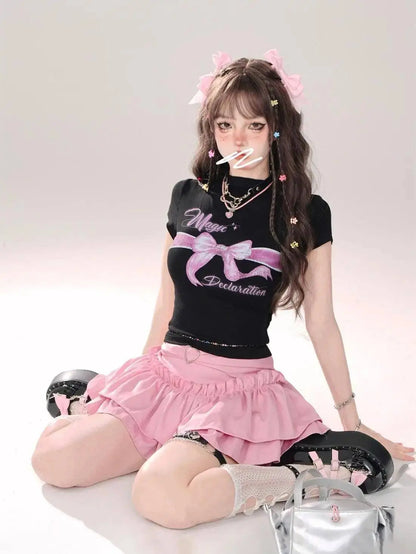 Kawaii Mini Skirt Black Pink Women's Skirt Fairycore Lolita Ruffle Pleated Skirt Cute Miniskirt Y2k Clothes Safety Short 2025 - SS69