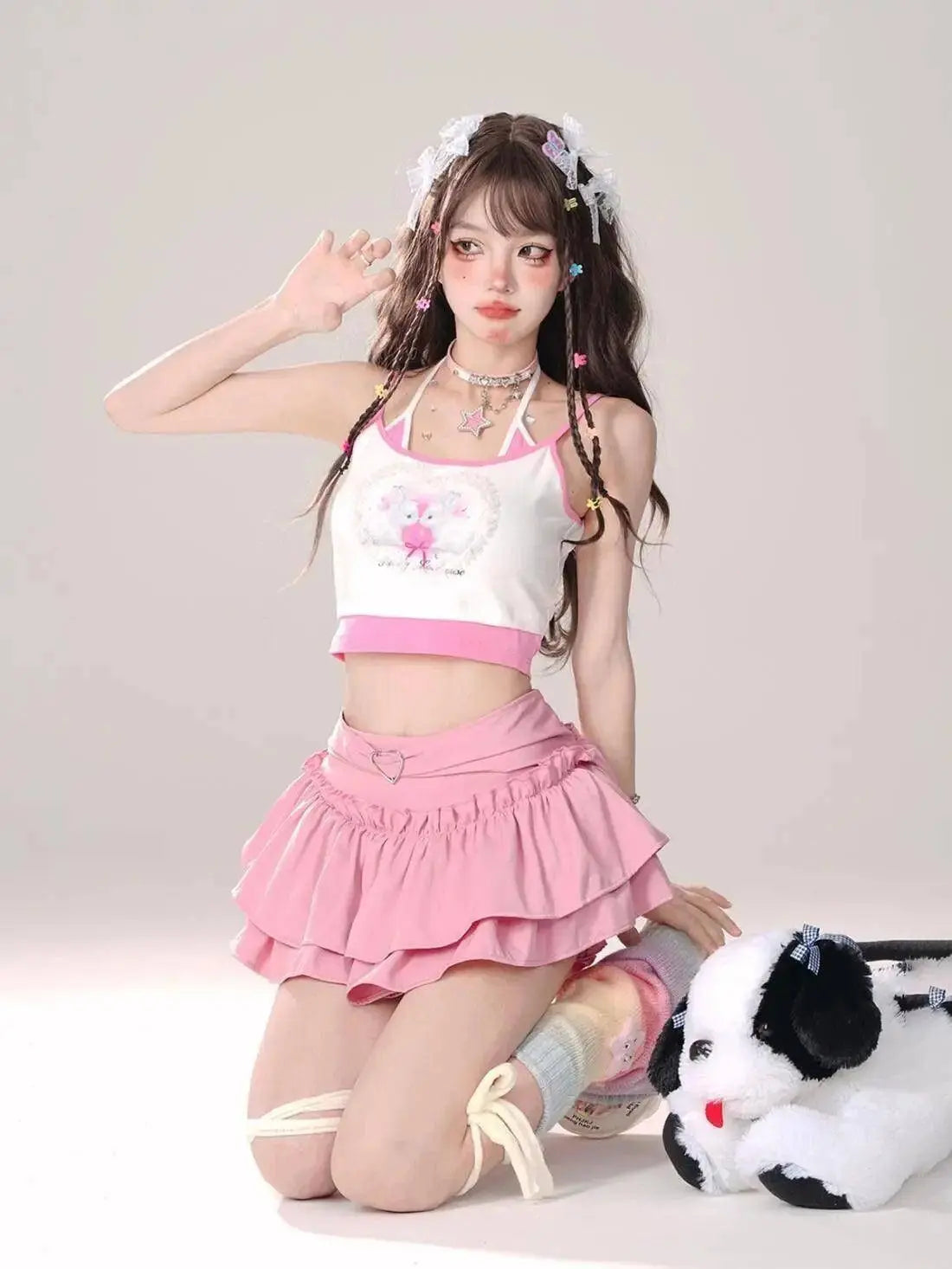 Kawaii Mini Skirt Black Pink Women's Skirt Fairycore Lolita Ruffle Pleated Skirt Cute Miniskirt Y2k Clothes Safety Short 2025 - SS69