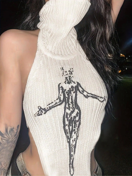 Knitted High Neck Asymmetrical Tank Top, Y2K Sleeveless Top For Summer, Women's Clothing SS69