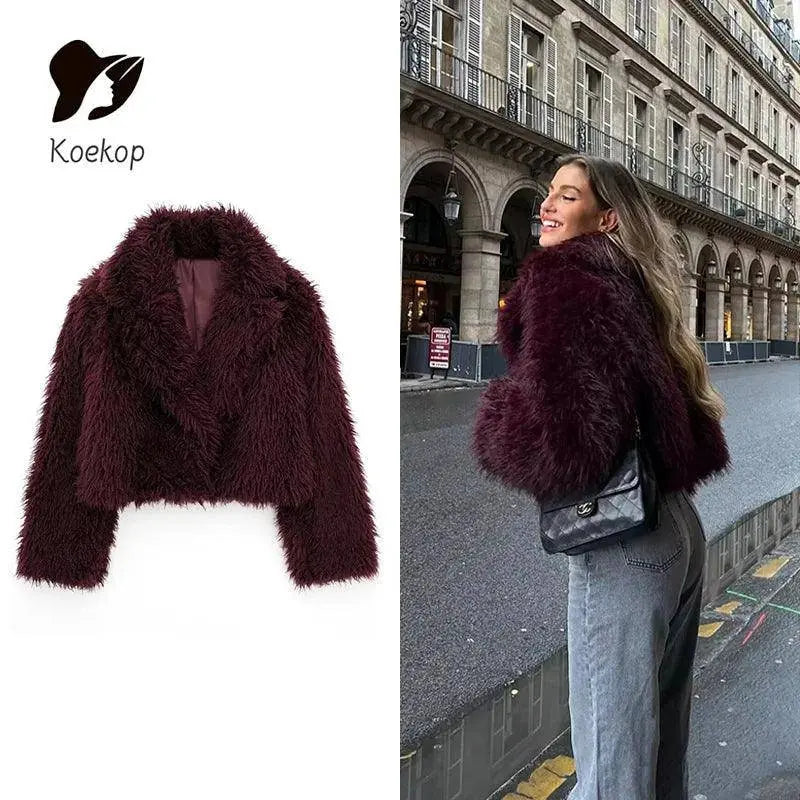 Koekop Women's Fashion Burgundy Asymmetric Thick Collar Fur Coat Vintage Casual Chic Temperament Lady Short Jacket SS69