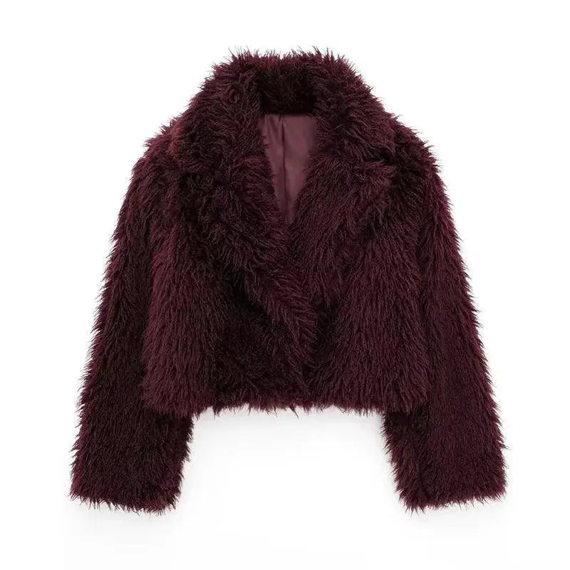 Koekop Women's Fashion Burgundy Asymmetric Thick Collar Fur Coat Vintage Casual Chic Temperament Lady Short Jacket SS69