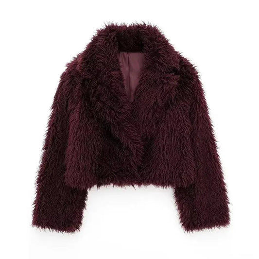 Koekop Women's Fashion Burgundy Asymmetric Thick Collar Fur Coat Vintage Casual Chic Temperament Lady Short Jacket SS69