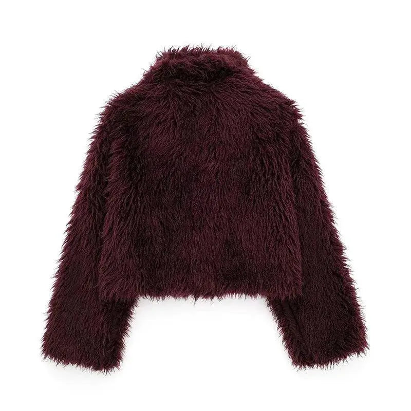 Koekop Women's Fashion Burgundy Asymmetric Thick Collar Fur Coat Vintage Casual Chic Temperament Lady Short Jacket SS69