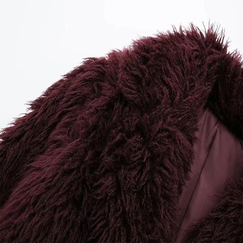 Koekop Women's Fashion Burgundy Asymmetric Thick Collar Fur Coat Vintage Casual Chic Temperament Lady Short Jacket SS69