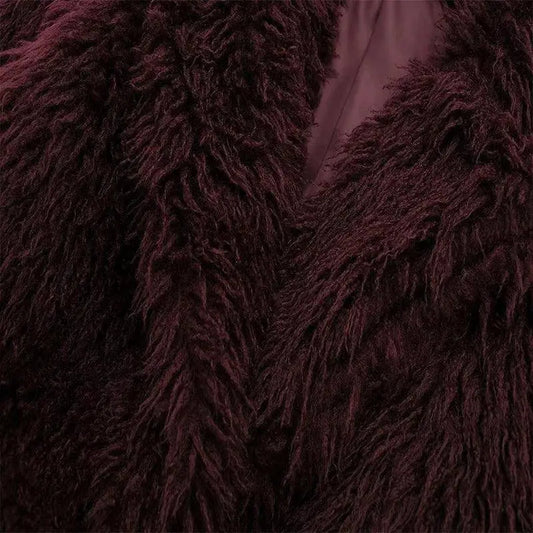 Koekop Women's Fashion Burgundy Asymmetric Thick Collar Fur Coat Vintage Casual Chic Temperament Lady Short Jacket SS69