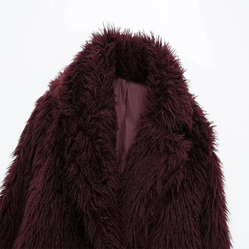 Koekop Women's Fashion Burgundy Asymmetric Thick Collar Fur Coat Vintage Casual Chic Temperament Lady Short Jacket SS69