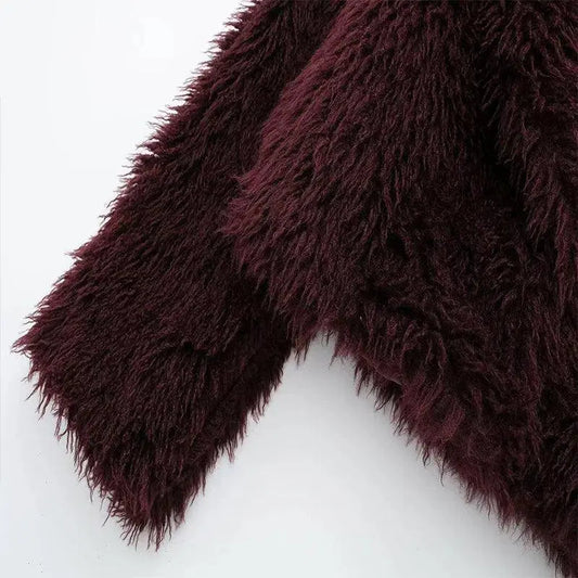 Koekop Women's Fashion Burgundy Asymmetric Thick Collar Fur Coat Vintage Casual Chic Temperament Lady Short Jacket SS69