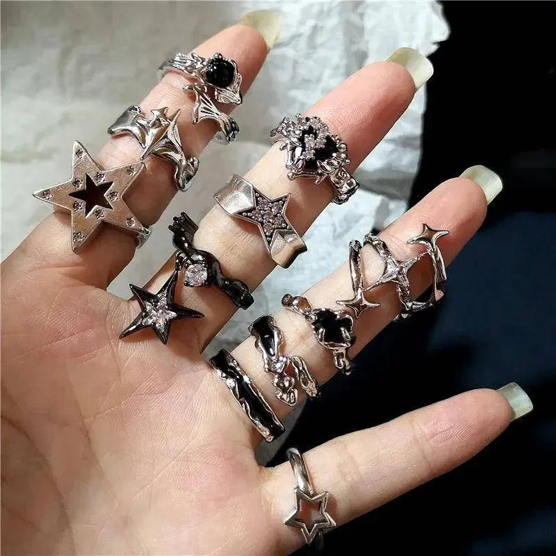 Kpop Goth Punk Vintage Aesthetic Geometric Irregular Star Silver Color Ring For Women Egirl Grunge Y2K EMO Jewelry Accessories SS69