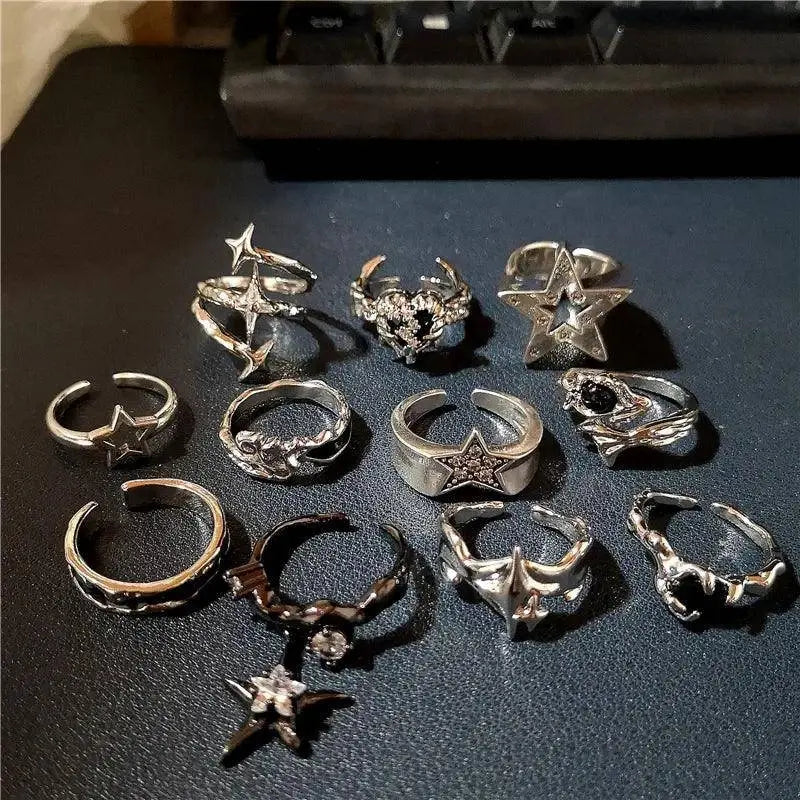 Kpop Goth Punk Vintage Aesthetic Geometric Irregular Star Silver Color Ring For Women Egirl Grunge Y2K EMO Jewelry Accessories SS69
