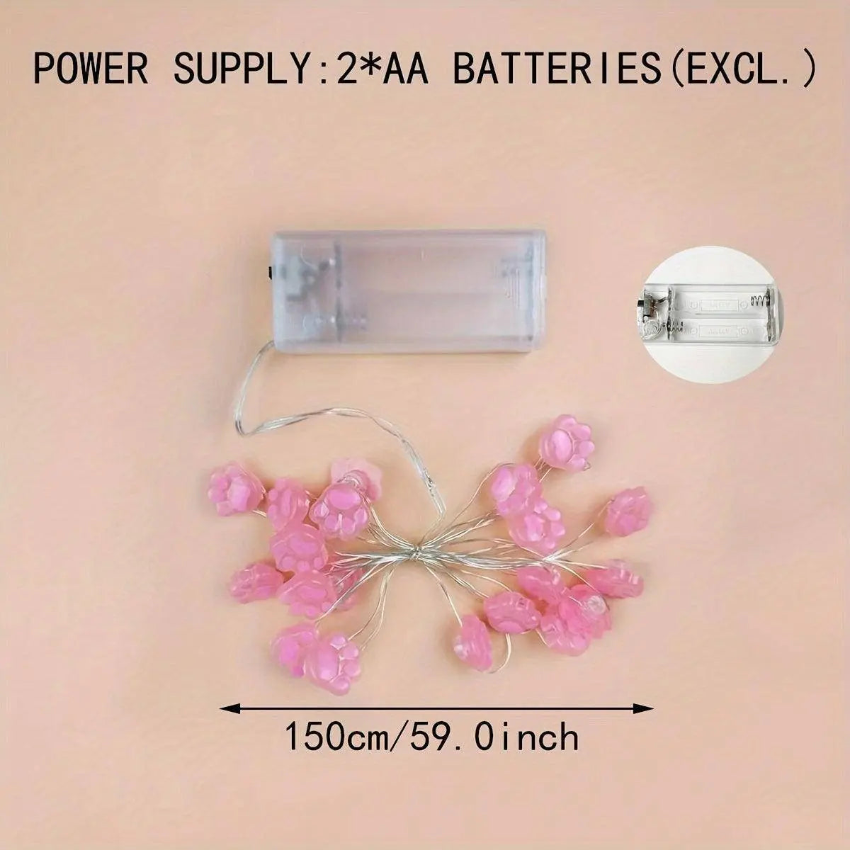 LED Cat Paw String Lights - 20 LEDs, Battery-Powered, Energy-Efficient for Christmas & Holiday Decor, Perfect for Living Room, Bedroom, and Party Ambiance SS69