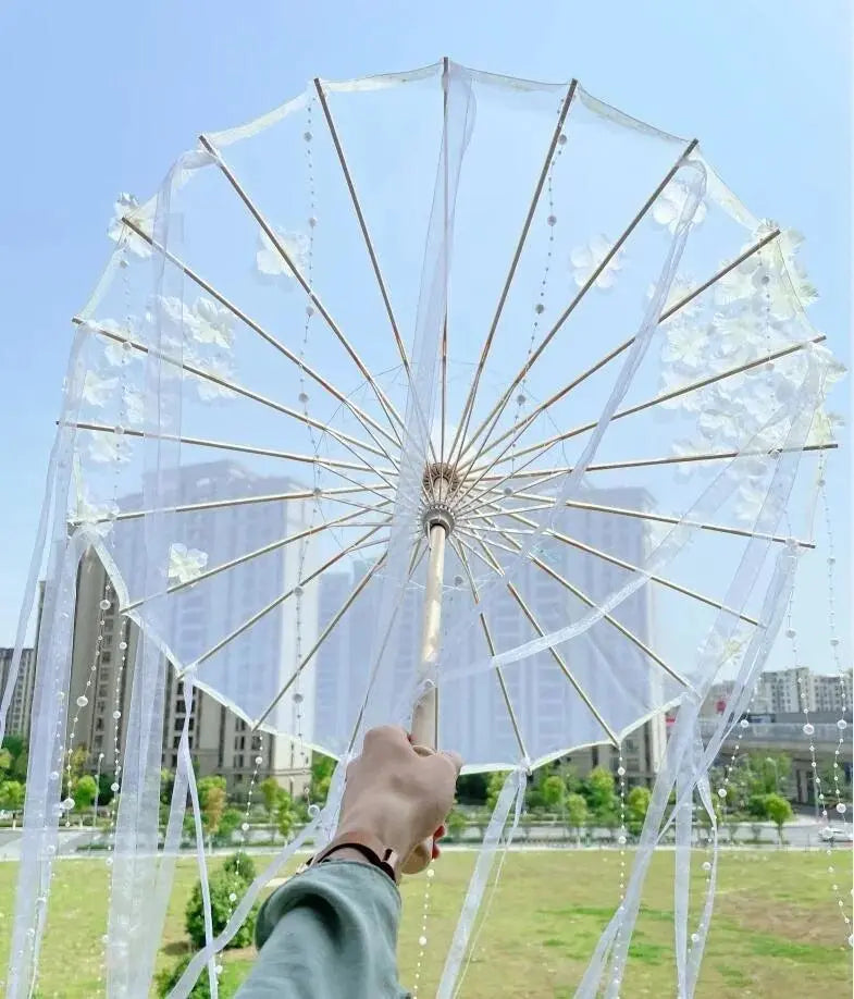 LED Chinese Japan Yarn Oiled Paper Silk Cloth Umbrella Costume Ancient Princess Umbrella Drama White Craft Umbrella Cosplay - SS69