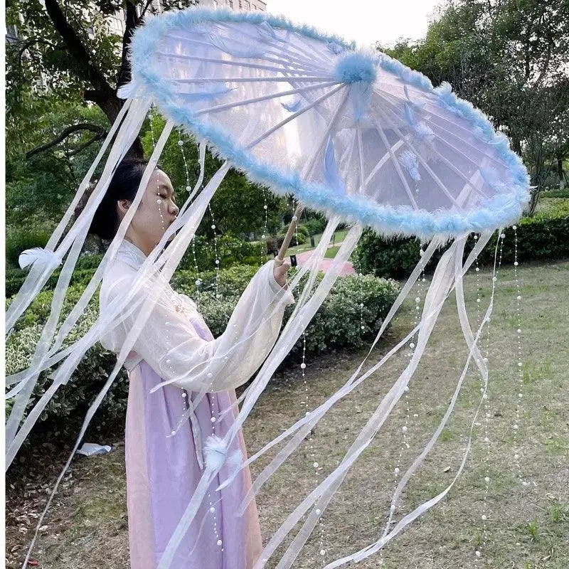 LED Chinese Japan Yarn Oiled Paper Silk Cloth Umbrella Costume Ancient Princess Umbrella Drama White Craft Umbrella Cosplay - SS69