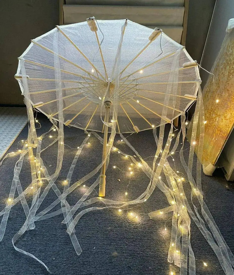LED Chinese Japan Yarn Oiled Paper Silk Cloth Umbrella Costume Ancient Princess Umbrella Drama White Craft Umbrella Cosplay SS69