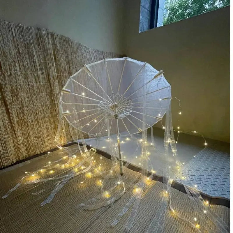 LED Chinese Japan Yarn Oiled Paper Silk Cloth Umbrella Costume Ancient Princess Umbrella Drama White Craft Umbrella Cosplay SS69