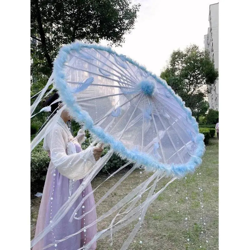 LED Chinese Japan Yarn Oiled Paper Silk Cloth Umbrella Costume Ancient Princess Umbrella Drama White Craft Umbrella Cosplay SS69