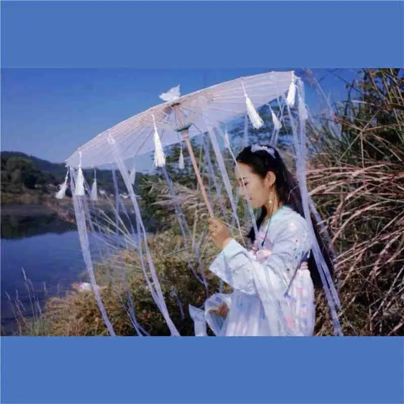 LED Chinese Japan Yarn Oiled Paper Silk Cloth Umbrella Costume Ancient Princess Umbrella Drama White Craft Umbrella Cosplay SS69