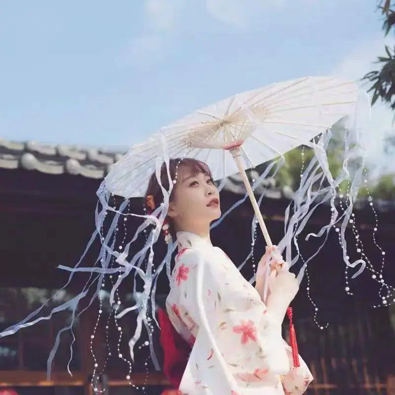 LED Chinese Japan Yarn Oiled Paper Silk Cloth Umbrella Costume Ancient Princess Umbrella Drama White Craft Umbrella Cosplay SS69