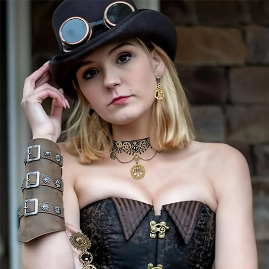 LaVenty Steampunk Accessories Women Vintage Clockwork Earrings Gloves Gothic Lace Wristband Bracelet Gear Choker Necklace Halloween Steampunk Costume SS69