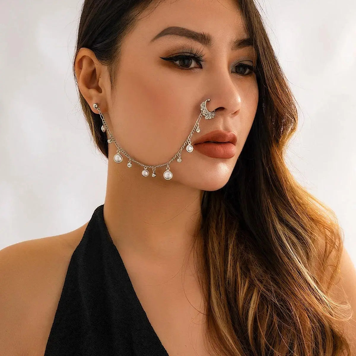 Lacteo Trendy Nose Rings for Women Connecting Earrings Black Green Small Crystal Beads Fake Nostril Piercing Clip Jewelry Ladies - SS69