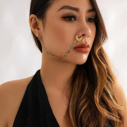 Lacteo Trendy Nose Rings for Women Connecting Earrings Black Green Small Crystal Beads Fake Nostril Piercing Clip Jewelry Ladies - SS69