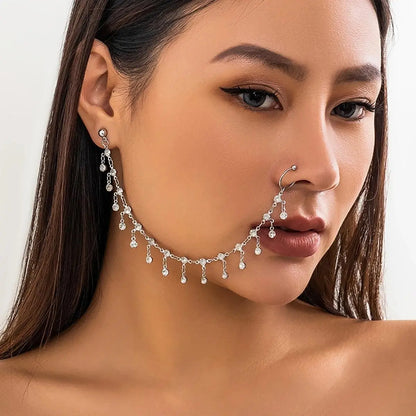 Lacteo Trendy Nose Rings for Women Connecting Earrings Black Green Small Crystal Beads Fake Nostril Piercing Clip Jewelry Ladies - SS69