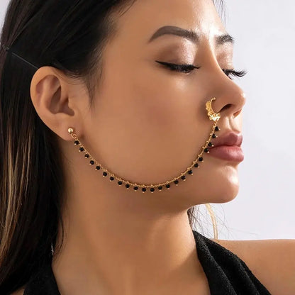 Lacteo Trendy Nose Rings for Women Connecting Earrings Black Green Small Crystal Beads Fake Nostril Piercing Clip Jewelry Ladies - SS69